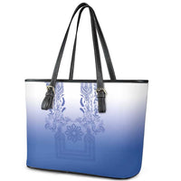 Philippines Barong Style Leather Tote Bag with Polynesian Art and Leaf Motif Blue Color