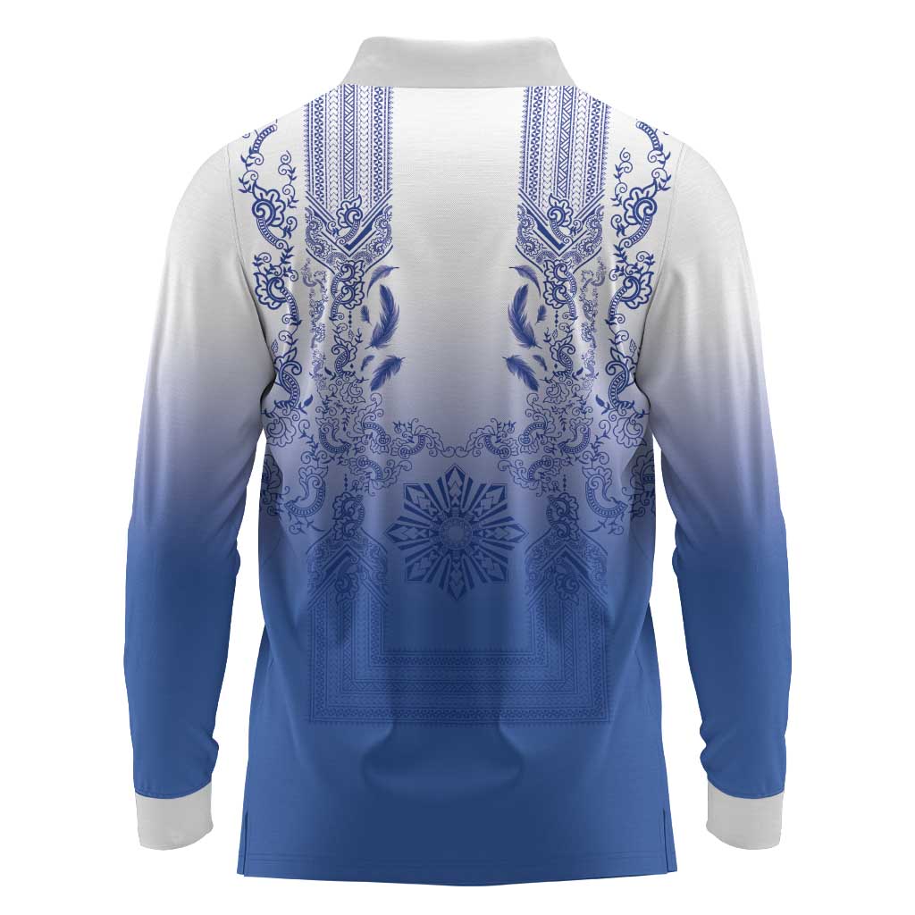 Philippines Barong Style Long Sleeve Polo Shirt with Polynesian Art and Leaf Motif Blue Color LT03 - Polynesian Pride
