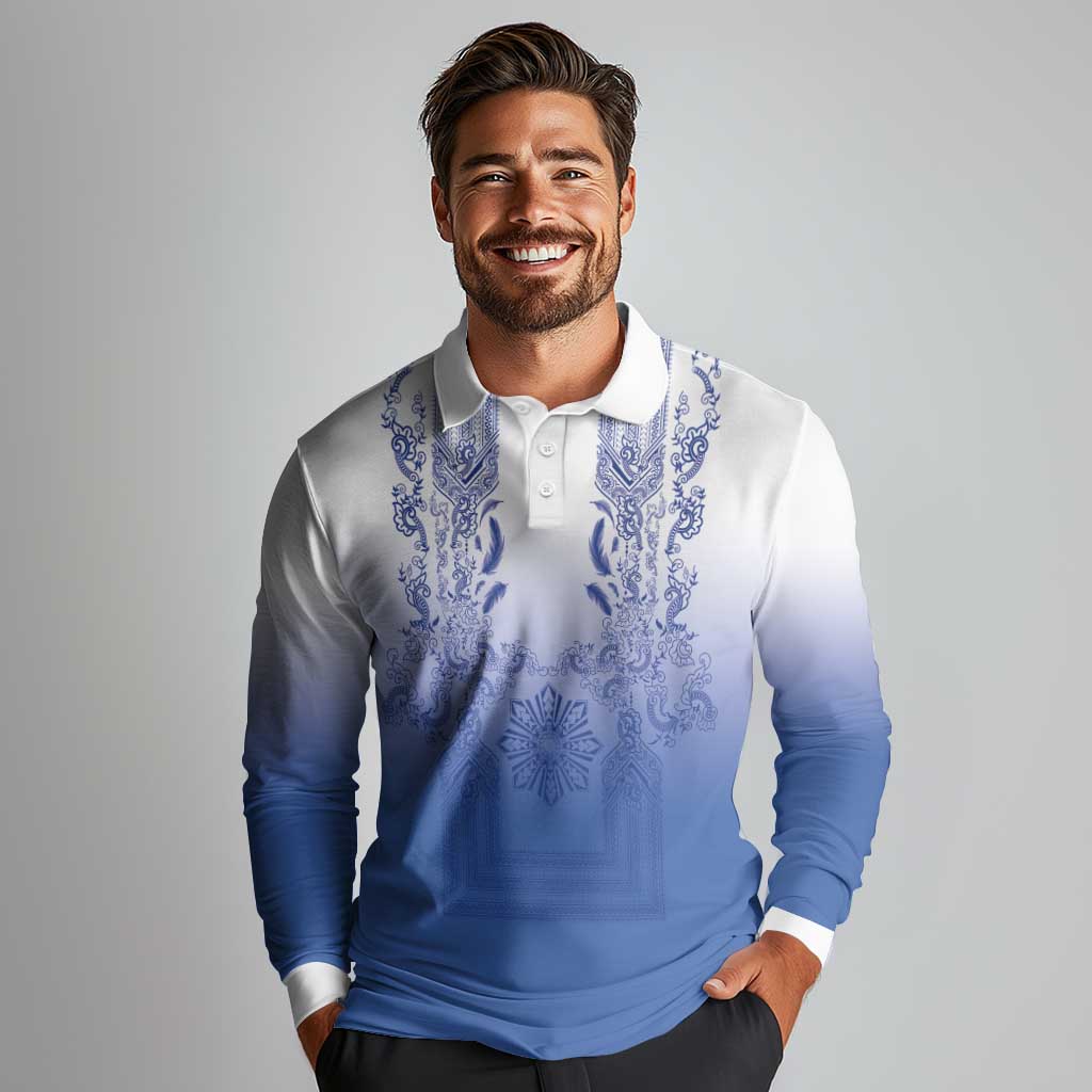 Philippines Barong Style Long Sleeve Polo Shirt with Polynesian Art and Leaf Motif Blue Color LT03 - Polynesian Pride