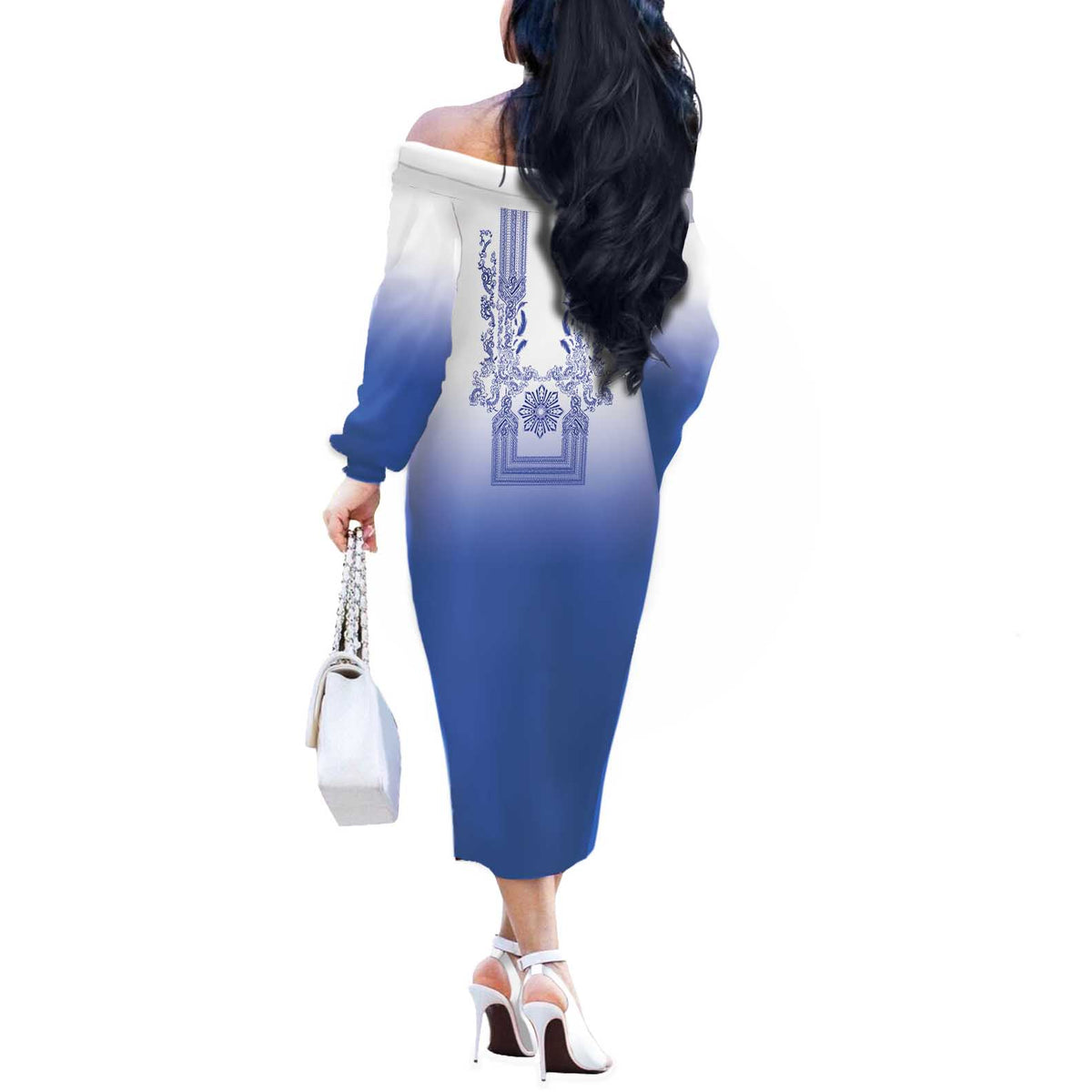 Philippines Barong Style Off The Shoulder Long Sleeve Dress with Polynesian Art and Leaf Motif Blue Color