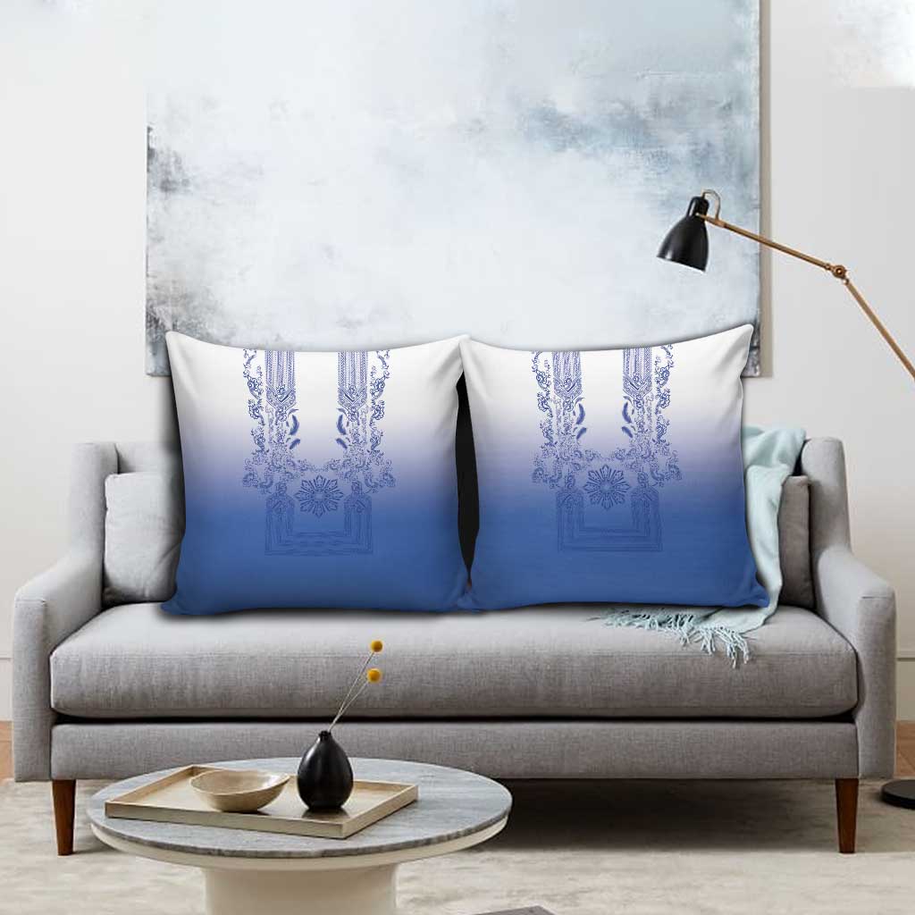 Philippines Barong Style Pillow Cover with Polynesian Art and Leaf Motif Blue Color