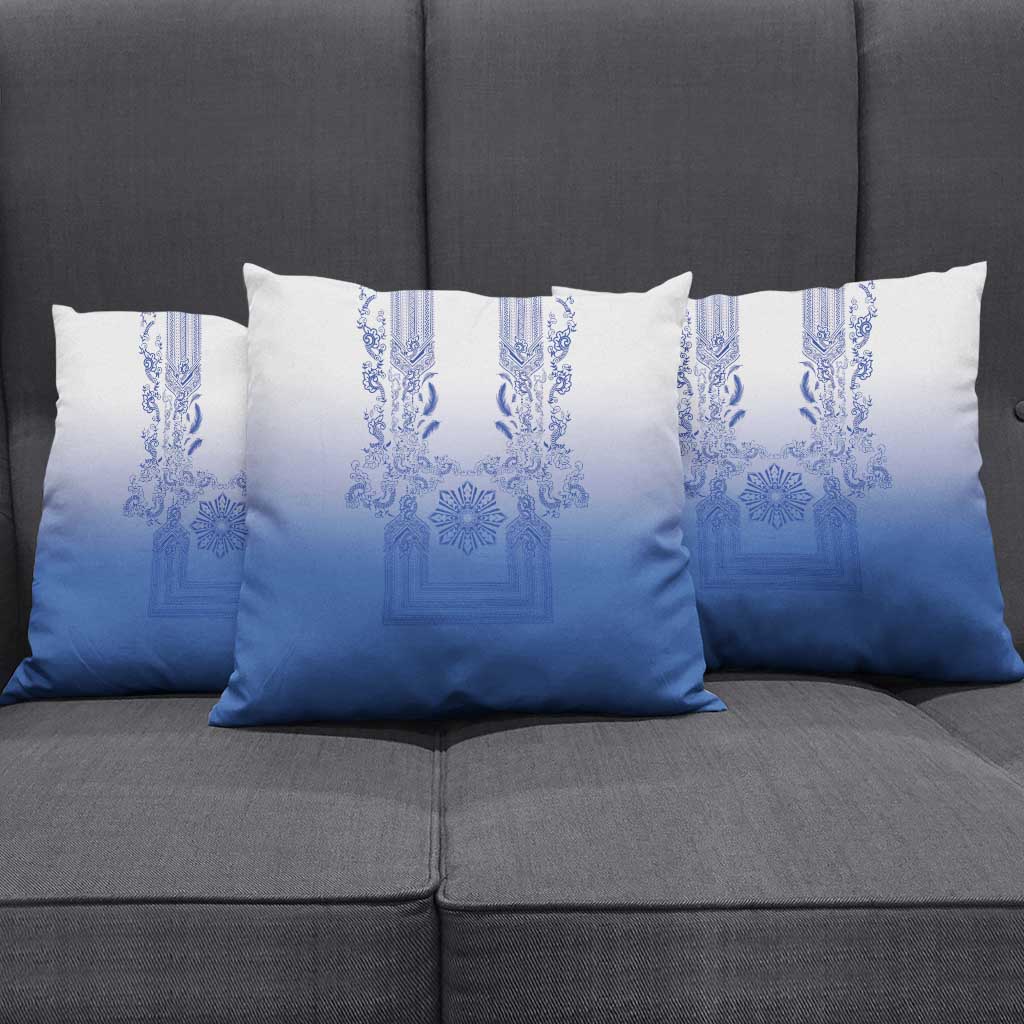 Philippines Barong Style Pillow Cover with Polynesian Art and Leaf Motif Blue Color