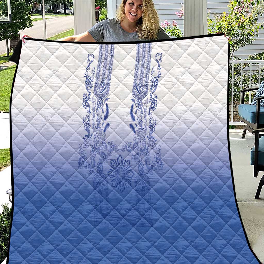 Philippines Barong Style Quilt with Polynesian Art and Leaf Motif Blue Color