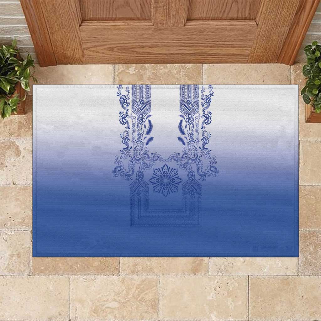 Philippines Barong Style Rubber Doormat with Polynesian Art and Leaf Motif Blue Color