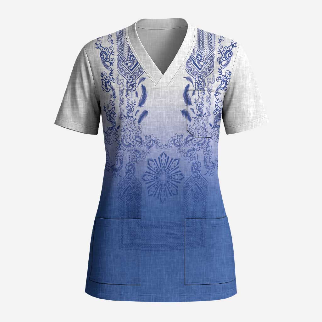 Philippines Barong Style Scrub Top with Polynesian Art and Leaf Motif Blue Color