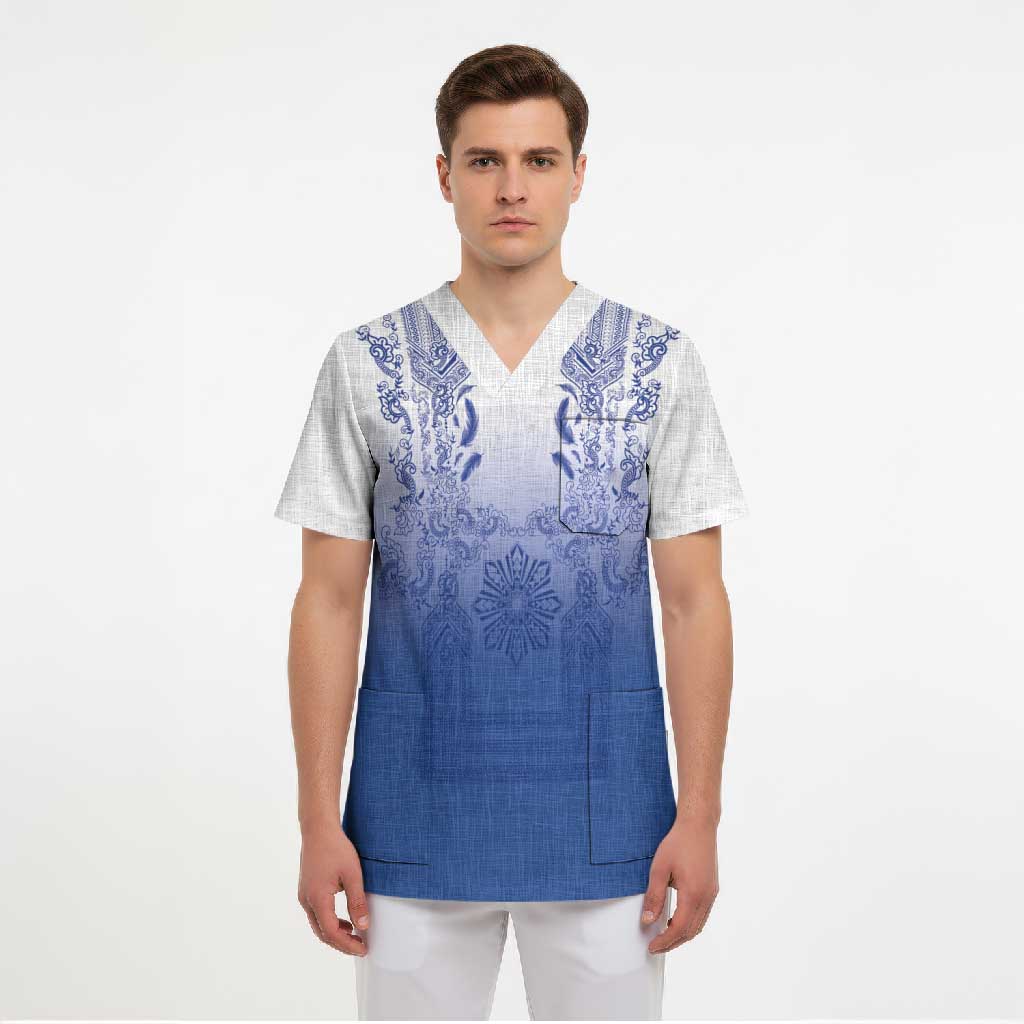 Philippines Barong Style Scrub Top with Polynesian Art and Leaf Motif Blue Color