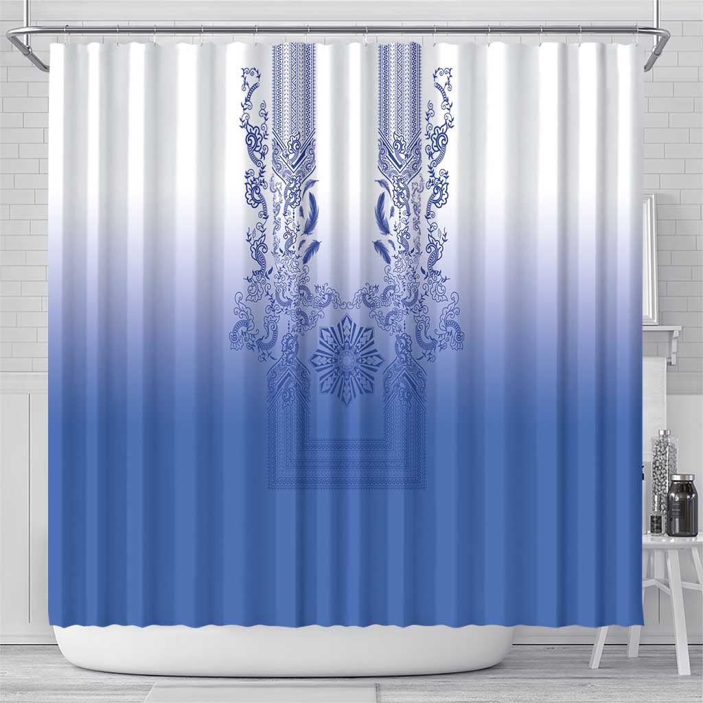 Philippines Barong Style Shower Curtain with Polynesian Art and Leaf Motif Blue Color