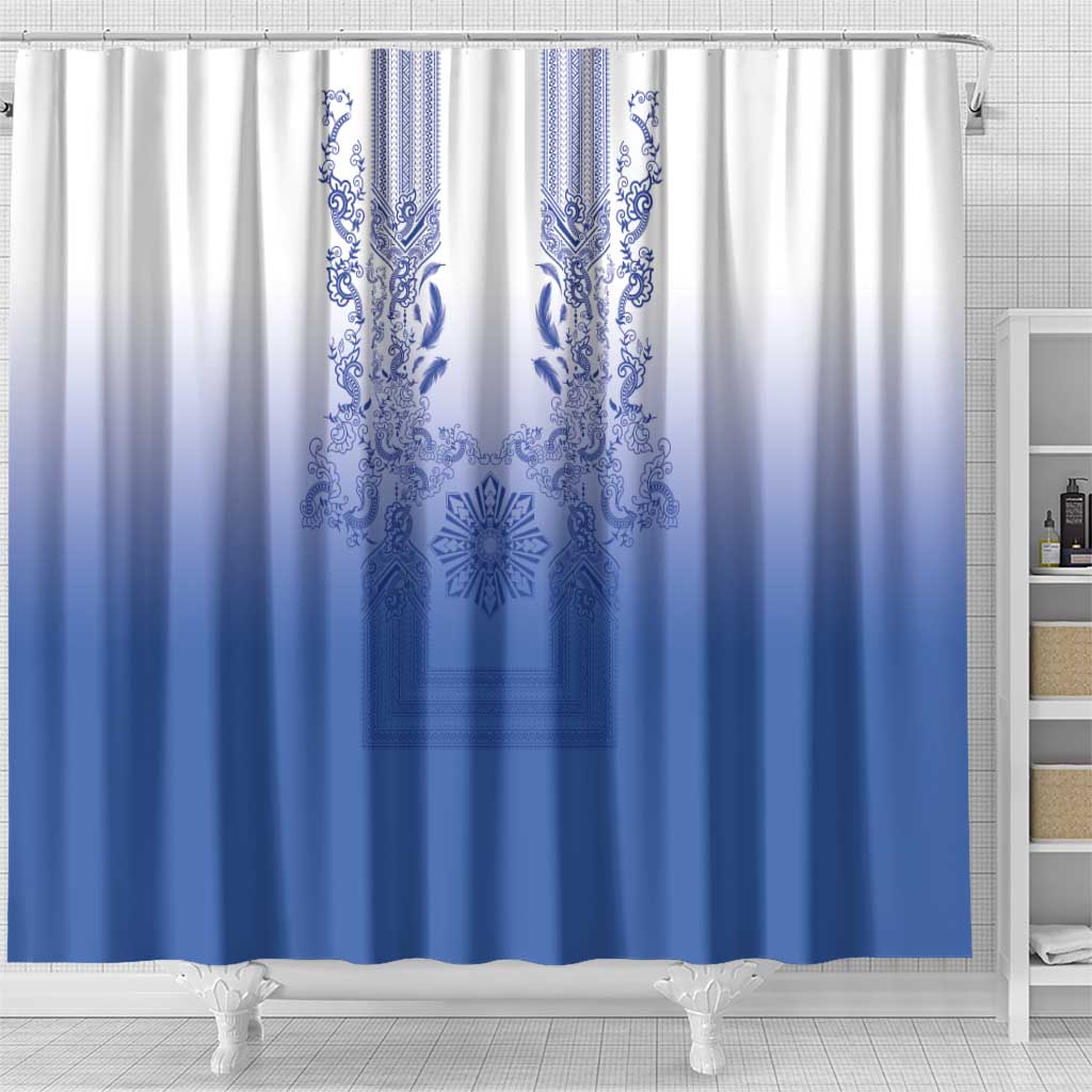 Philippines Barong Style Shower Curtain with Polynesian Art and Leaf Motif Blue Color