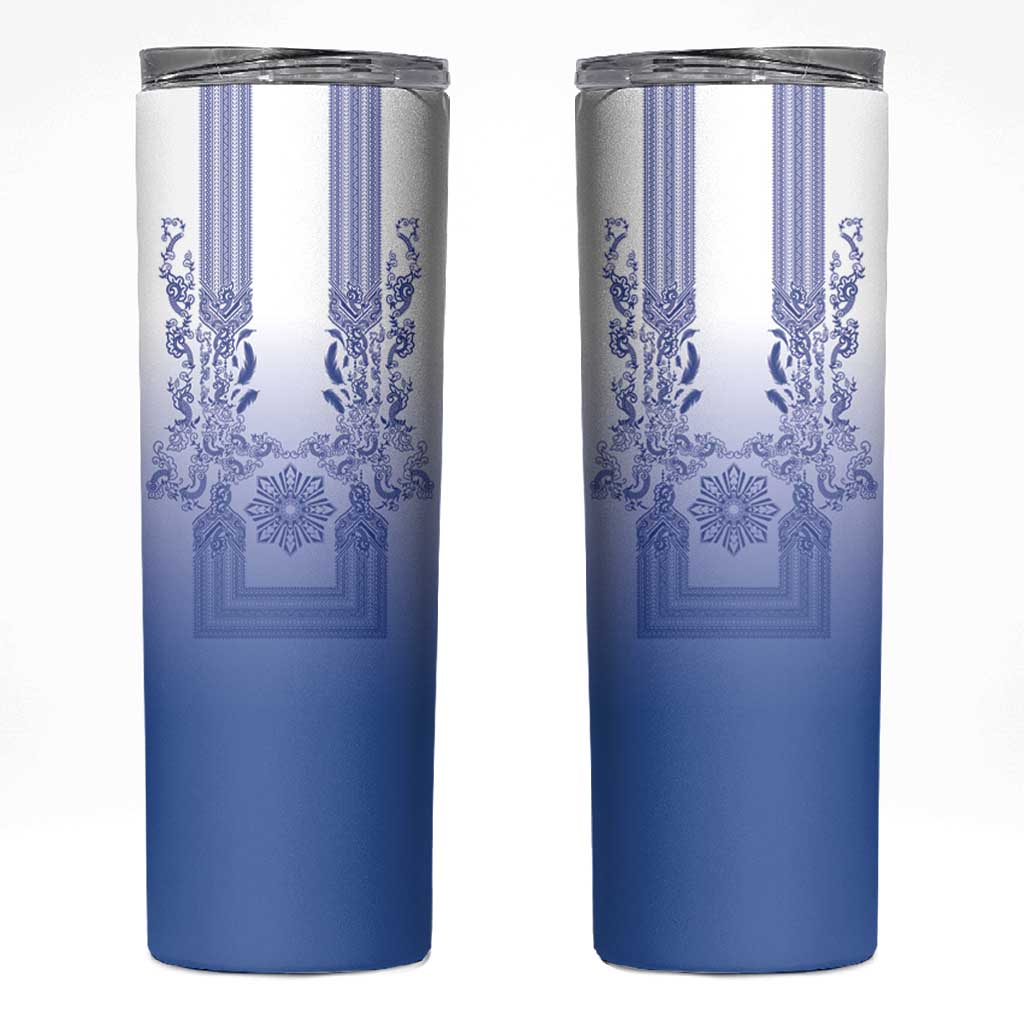 Philippines Barong Style Skinny Tumbler with Polynesian Art and Leaf Motif Blue Color