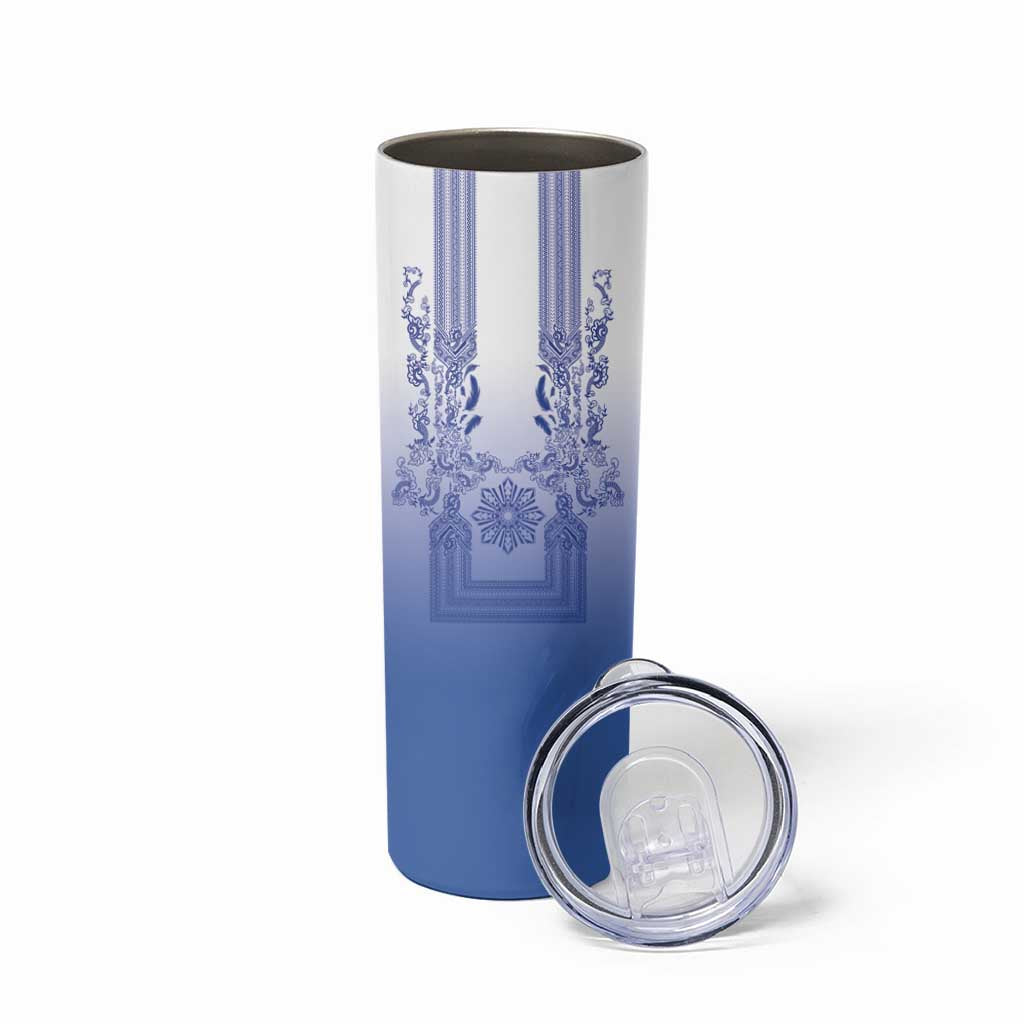 Philippines Barong Style Skinny Tumbler with Polynesian Art and Leaf Motif Blue Color