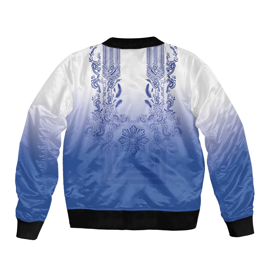 Philippines Barong Style Sleeve Zip Bomber Jacket with Polynesian Art and Leaf Motif Blue Color