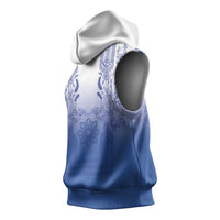 Philippines Barong Style Sleeveless Hoodie with Polynesian Art and Leaf Motif Blue Color