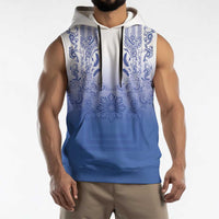 Philippines Barong Style Sleeveless Hoodie with Polynesian Art and Leaf Motif Blue Color