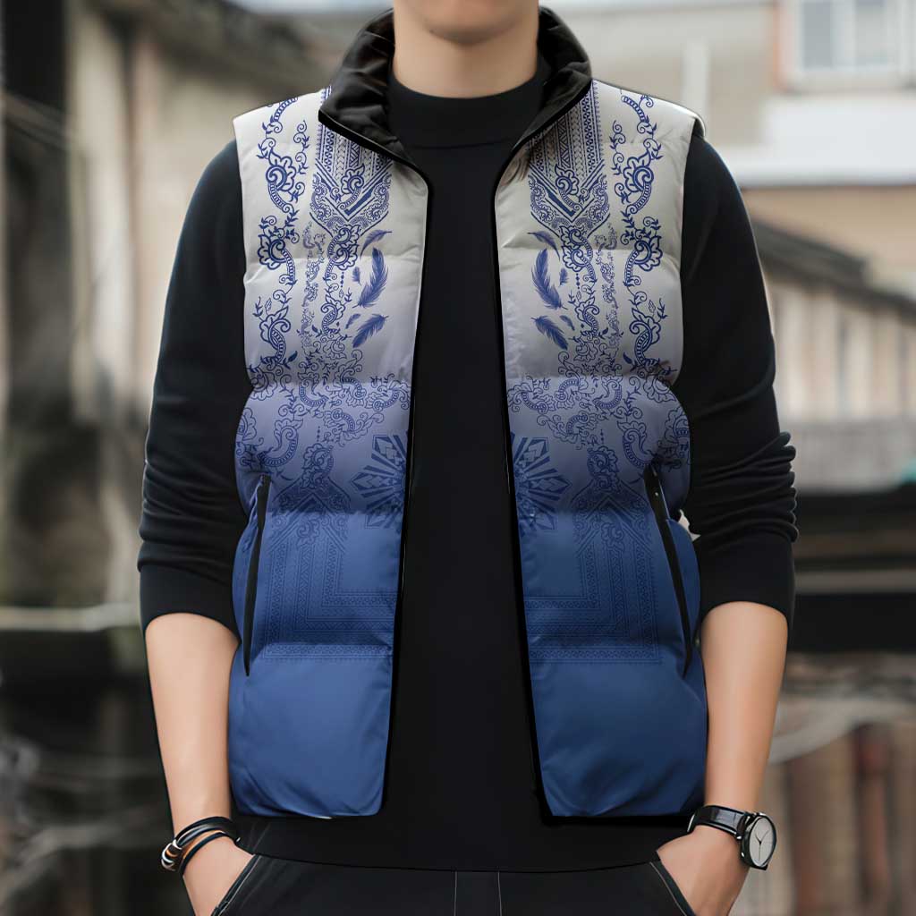 Philippines Barong Style Sleeveless Puffer Jacket with Polynesian Art and Leaf Motif Blue Color