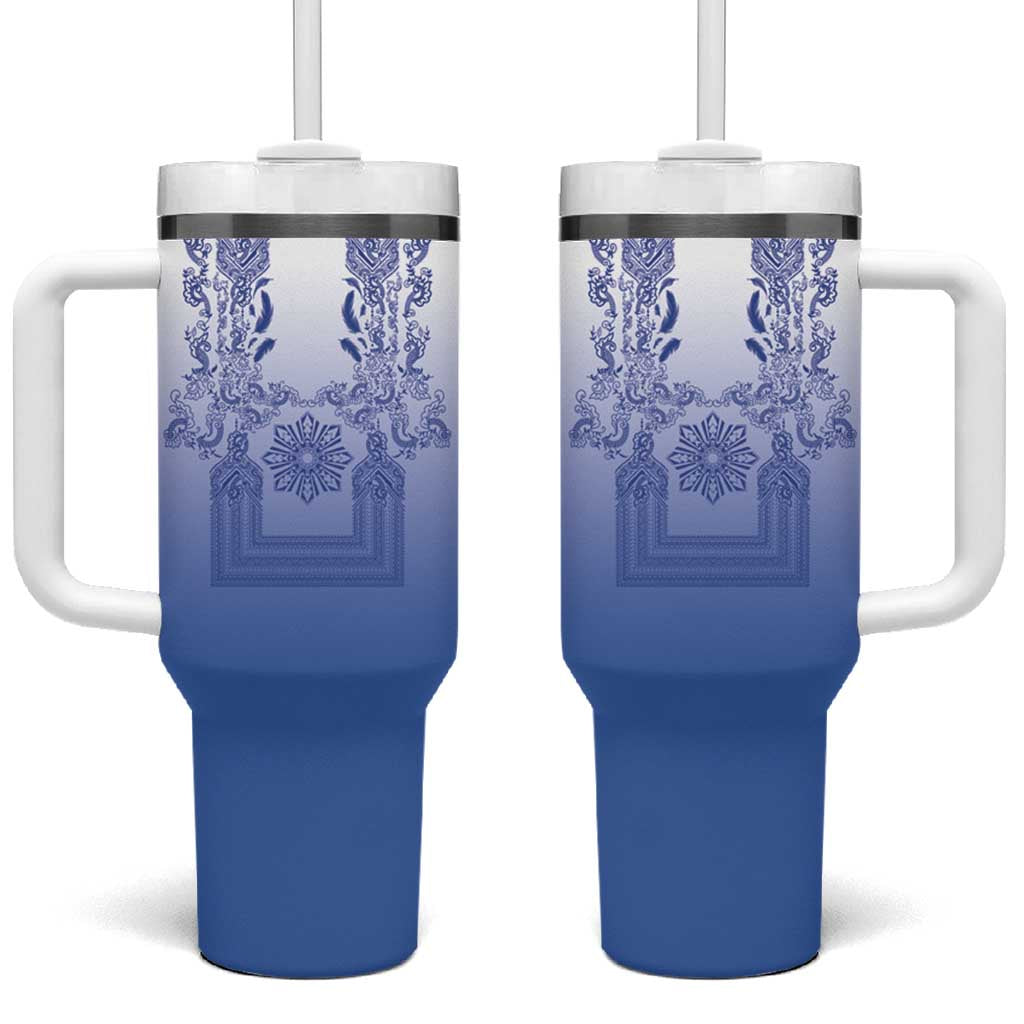 Philippines Barong Style Tumbler With Handle with Polynesian Art and Leaf Motif Blue Color