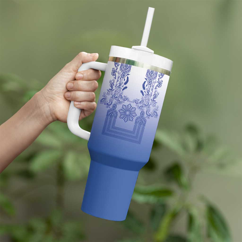 Philippines Barong Style Tumbler With Handle with Polynesian Art and Leaf Motif Blue Color