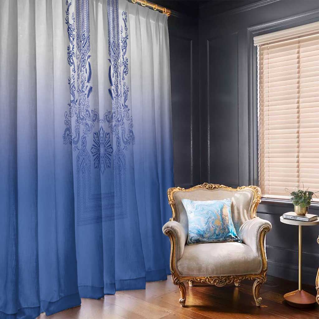 Philippines Barong Style Window Curtain with Polynesian Art and Leaf Motif Blue Color