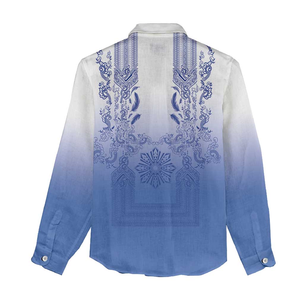 Philippines Barong Style Women Casual Shirt with Polynesian Art and Leaf Motif Blue Color