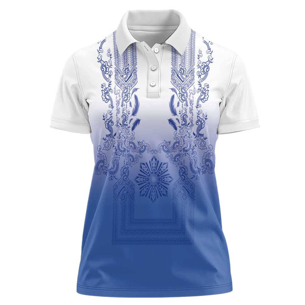 Philippines Barong Style Women Polo Shirt with Polynesian Art and Leaf Motif Blue Color