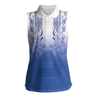 Philippines Barong Style Women Sleeveless Polo Shirt with Polynesian Art and Leaf Motif Blue Color LT03 Female Blue - Polynesian Pride