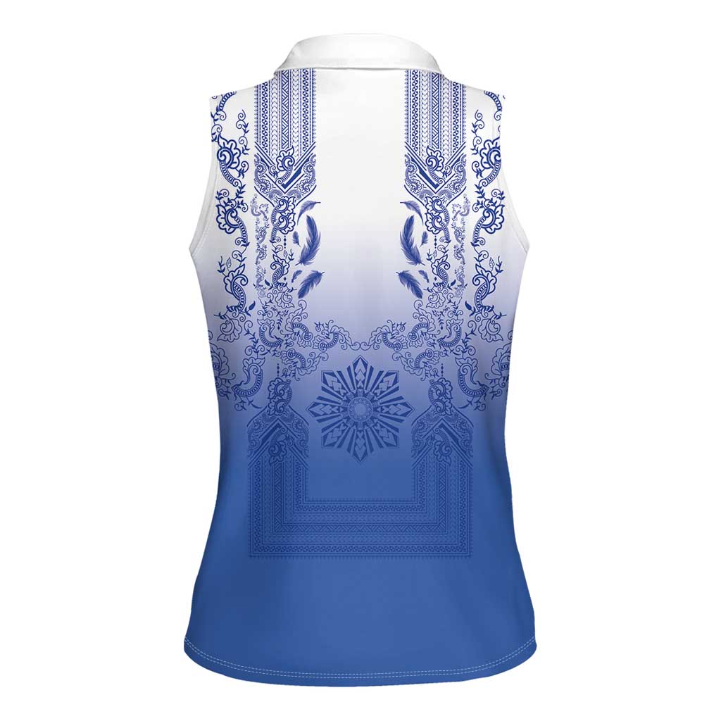 Philippines Barong Style Women Sleeveless Polo Shirt with Polynesian Art and Leaf Motif Blue Color LT03 - Polynesian Pride