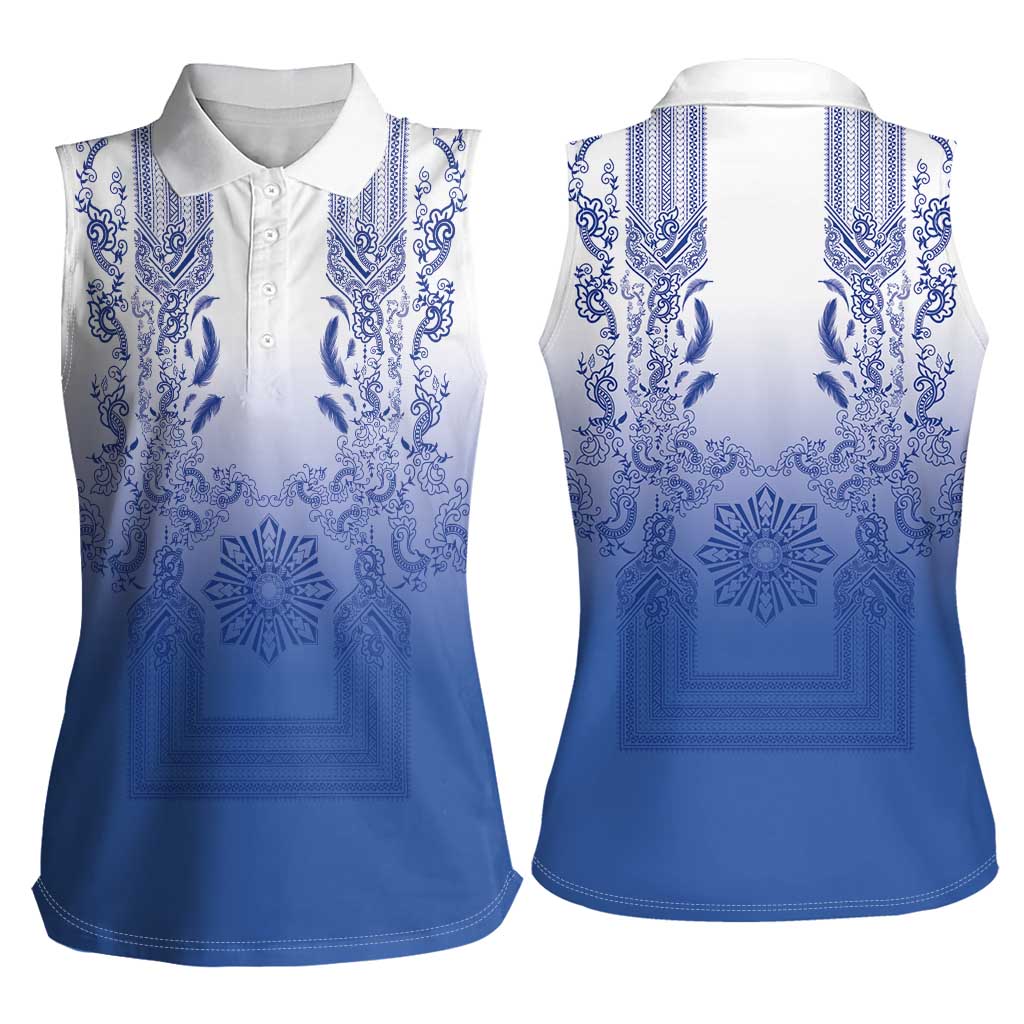 Philippines Barong Style Women Sleeveless Polo Shirt with Polynesian Art and Leaf Motif Blue Color LT03 - Polynesian Pride