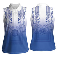 Philippines Barong Style Women Sleeveless Polo Shirt with Polynesian Art and Leaf Motif Blue Color LT03 - Polynesian Pride