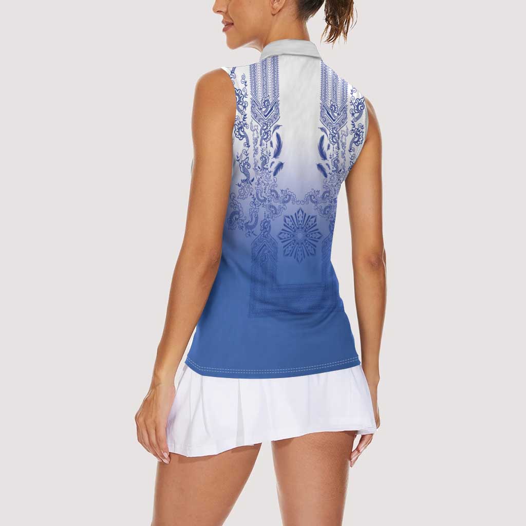 Philippines Barong Style Women Sleeveless Polo Shirt with Polynesian Art and Leaf Motif Blue Color LT03 - Polynesian Pride