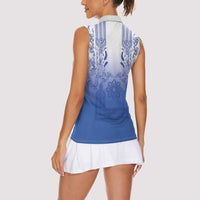 Philippines Barong Style Women Sleeveless Polo Shirt with Polynesian Art and Leaf Motif Blue Color LT03 - Polynesian Pride
