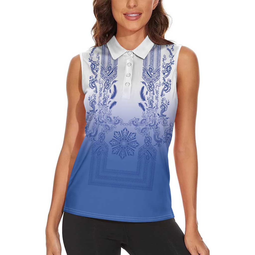 Philippines Barong Style Women Sleeveless Polo Shirt with Polynesian Art and Leaf Motif Blue Color LT03 - Polynesian Pride