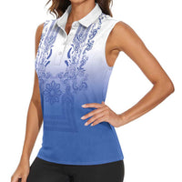 Philippines Barong Style Women Sleeveless Polo Shirt with Polynesian Art and Leaf Motif Blue Color LT03 - Polynesian Pride