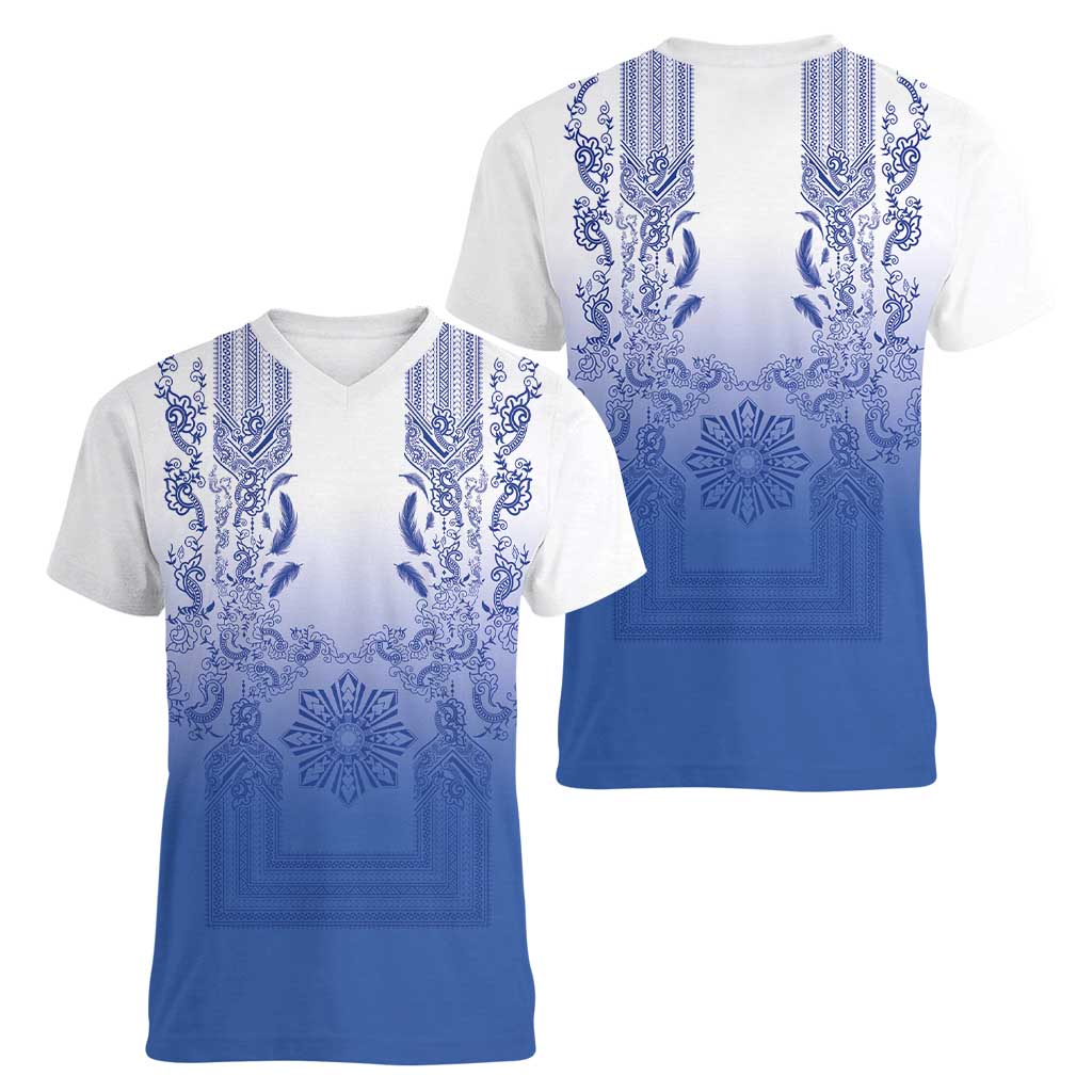Philippines Barong Style Women V-Neck T-Shirt with Polynesian Art and Leaf Motif Blue Color