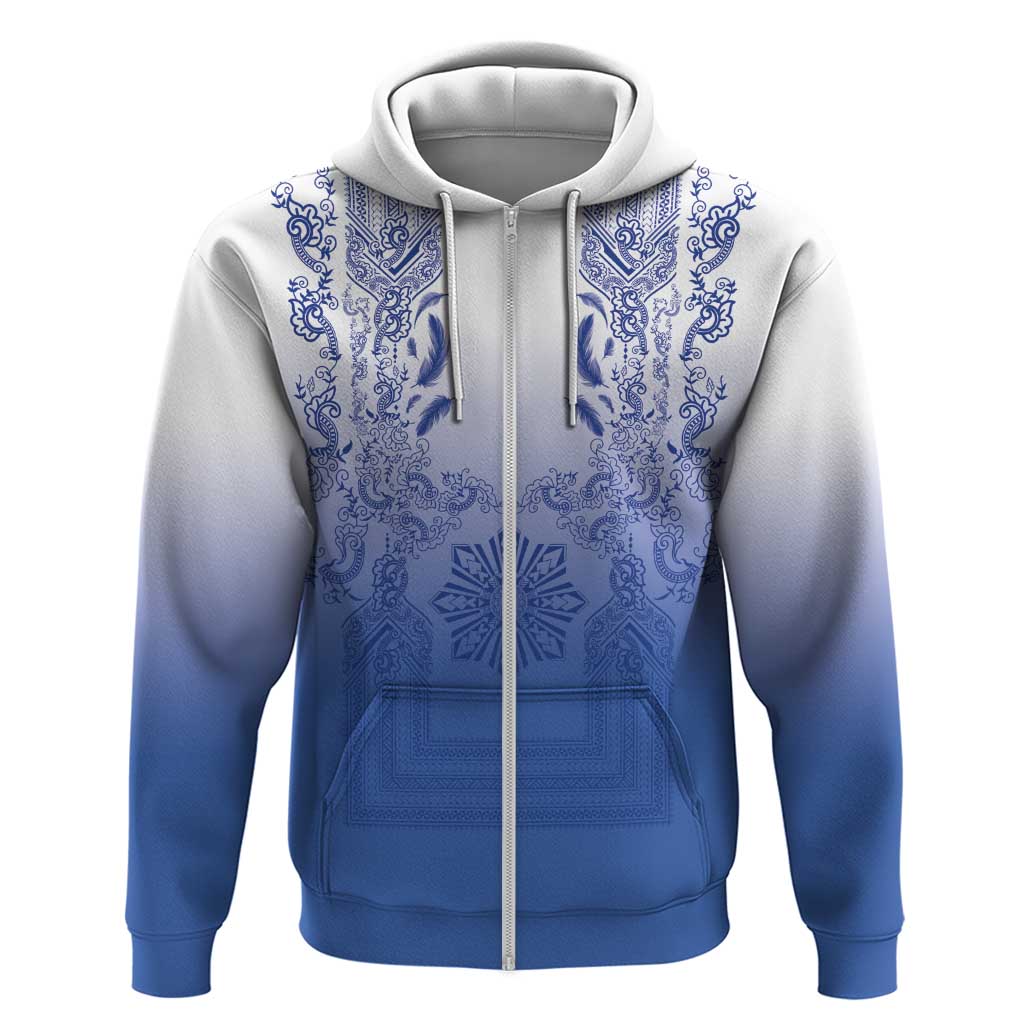 Philippines Barong Style Zip Hoodie with Polynesian Art and Leaf Motif Blue Color