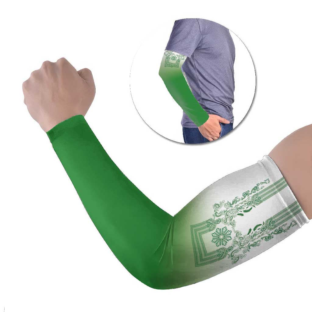 Philippines Barong Style Arm Sleeves with Polynesian Art and Leaf Motif Green Color