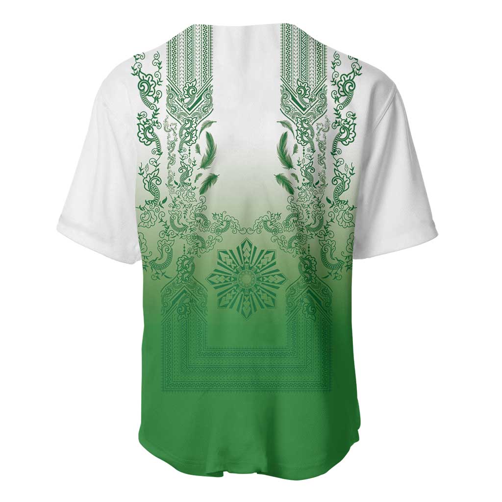 Philippines Barong Style Baseball Jersey with Polynesian Art and Leaf Motif Green Color