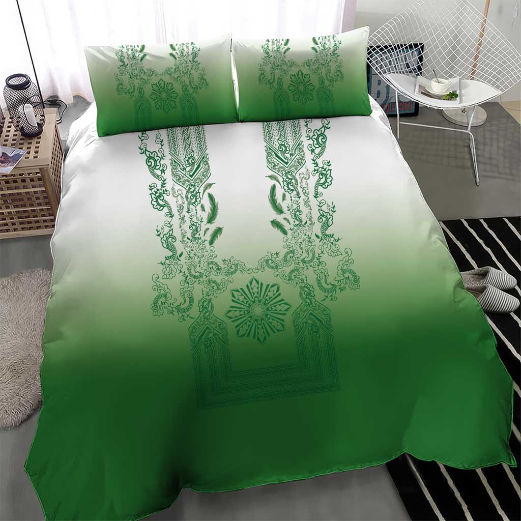 Philippines Barong Style Bedding Set with Polynesian Art and Leaf Motif Green Color