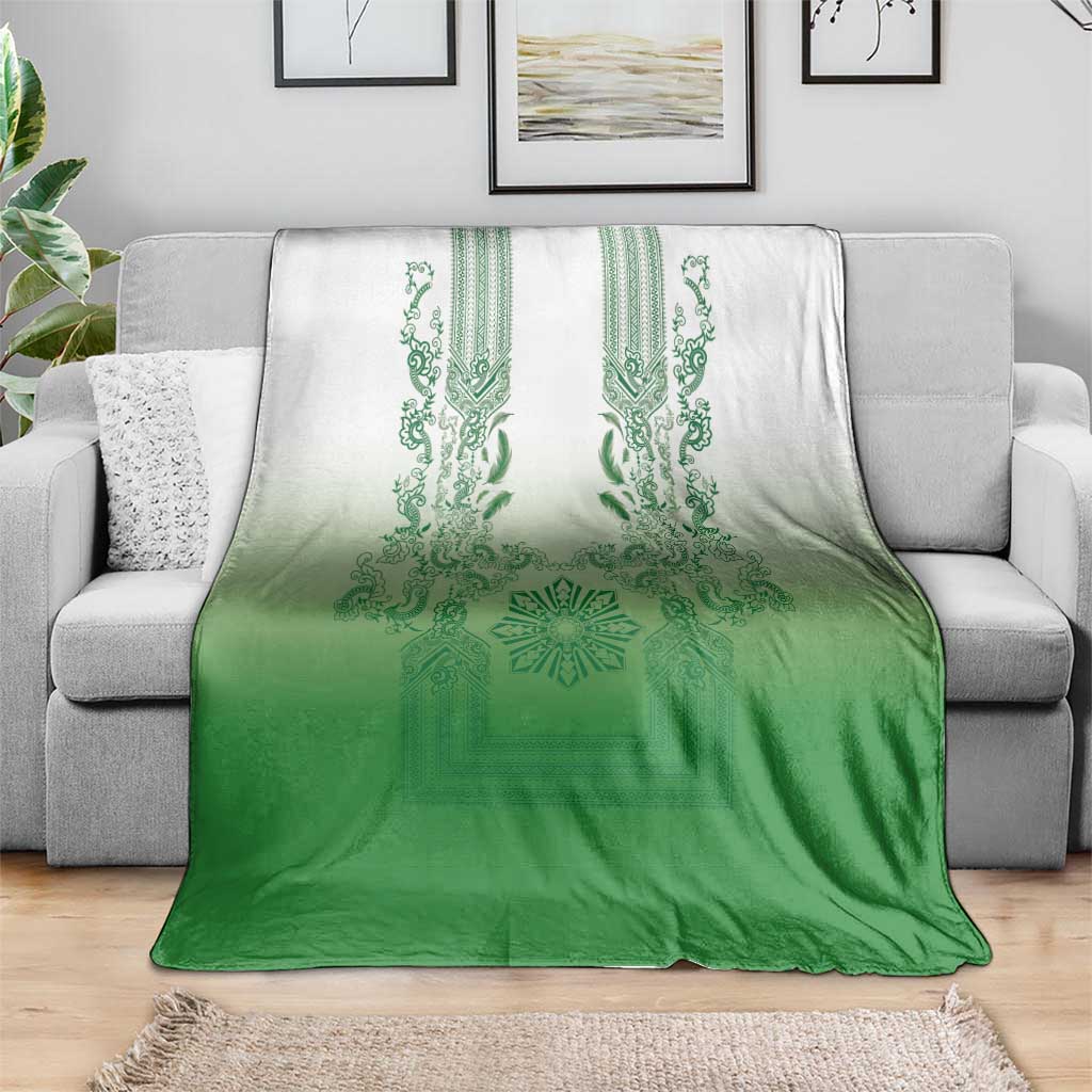 Philippines Barong Style Blanket with Polynesian Art and Leaf Motif Green Color