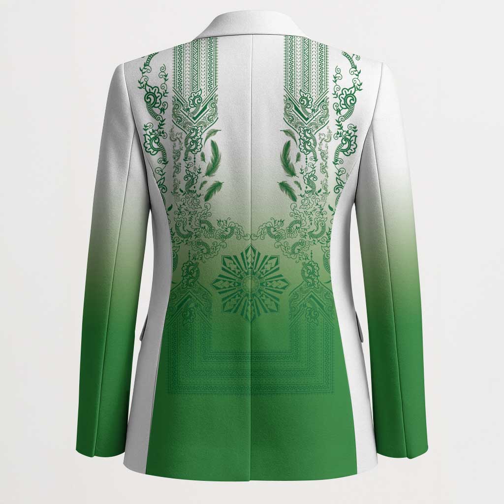 Philippines Barong Style Blazer with Polynesian Art and Leaf Motif Green Color