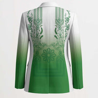Philippines Barong Style Blazer with Polynesian Art and Leaf Motif Green Color