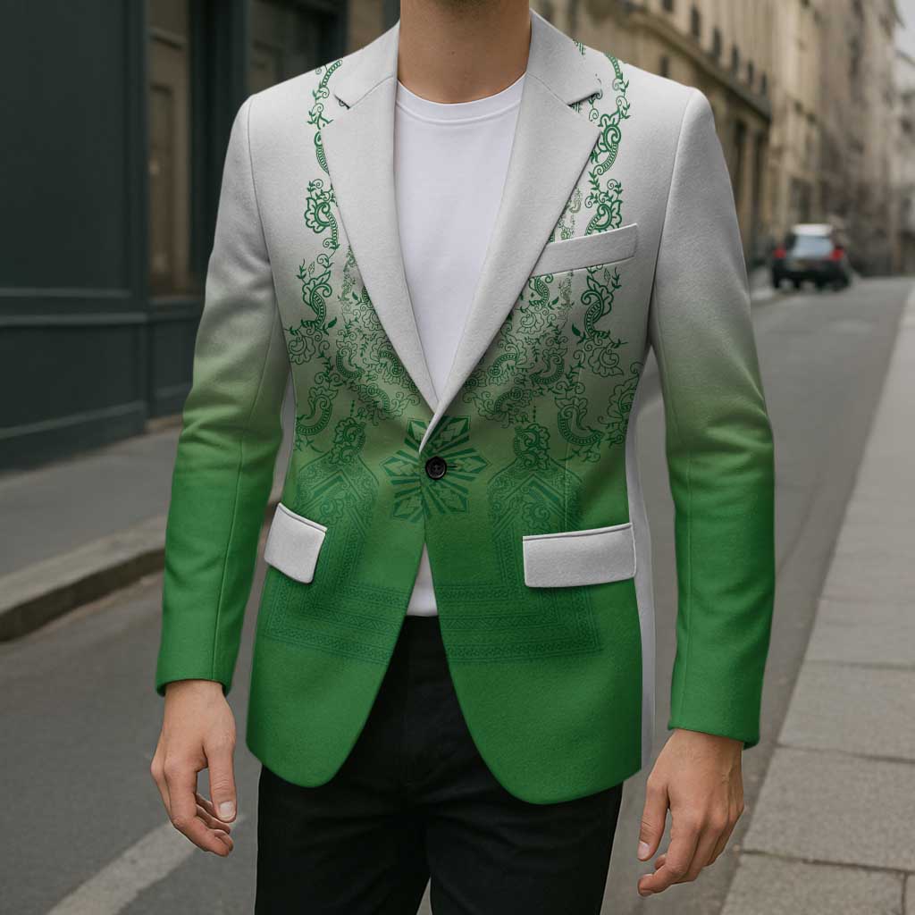 Philippines Barong Style Blazer with Polynesian Art and Leaf Motif Green Color