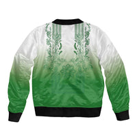 Philippines Barong Style Bomber Jacket with Polynesian Art and Leaf Motif Green Color