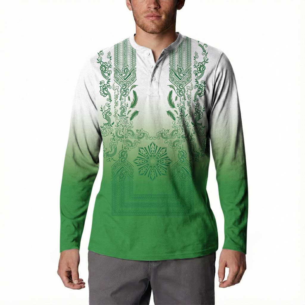 Philippines Barong Style Button Sweatshirt with Polynesian Art and Leaf Motif Green Color