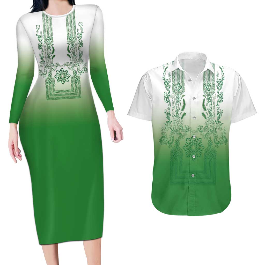 Philippines Barong Style Couples Matching Long Sleeve Bodycon Dress and Hawaiian Shirt with Polynesian Art and Leaf Motif Green Color