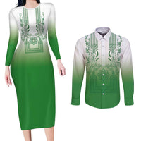 Philippines Barong Style Couples Matching Long Sleeve Bodycon Dress and Long Sleeve Button Shirt with Polynesian Art and Leaf Motif Green Color