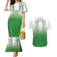 Philippines Barong Style Couples Matching Mermaid Dress and Hawaiian Shirt with Polynesian Art and Leaf Motif Green Color