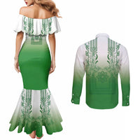 Philippines Barong Style Couples Matching Mermaid Dress and Long Sleeve Button Shirt with Polynesian Art and Leaf Motif Green Color