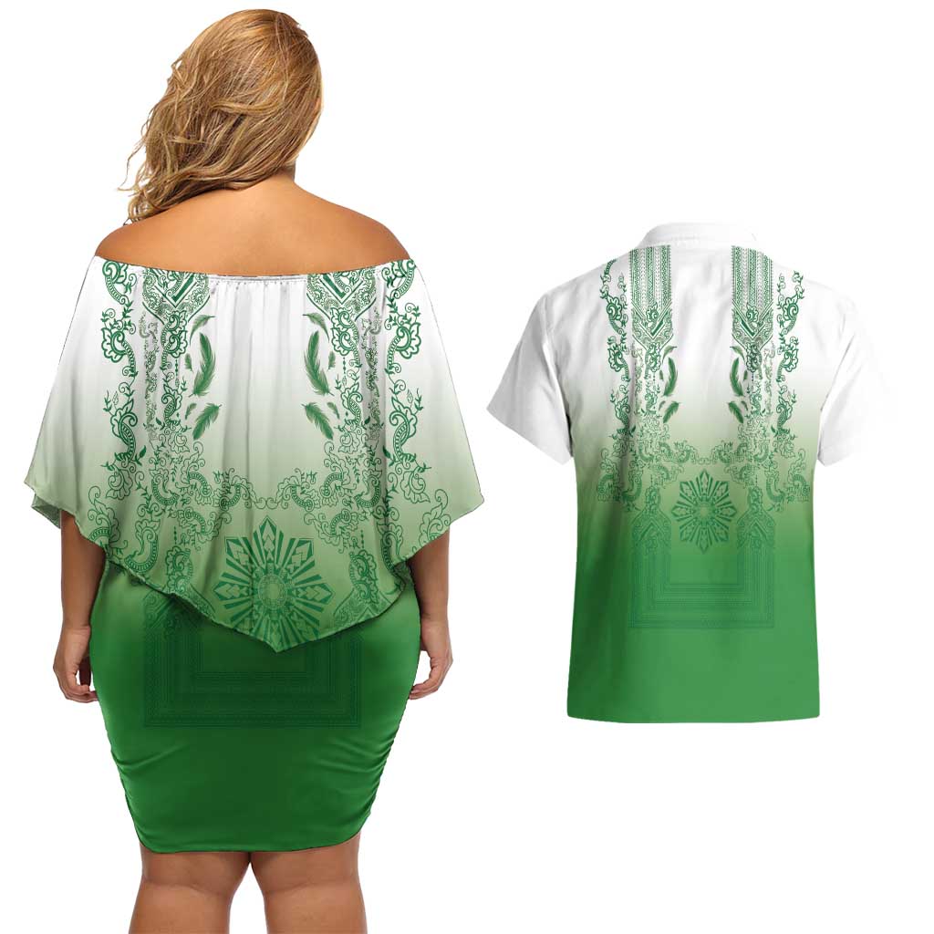 Philippines Barong Style Couples Matching Off Shoulder Short Dress and Hawaiian Shirt with Polynesian Art and Leaf Motif Green Color LT03 - Polynesian Pride