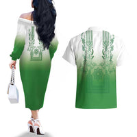 Philippines Barong Style Couples Matching Off The Shoulder Long Sleeve Dress and Hawaiian Shirt with Polynesian Art and Leaf Motif Green Color