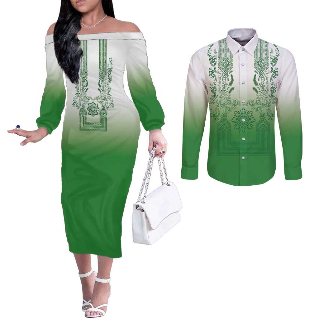 Philippines Barong Style Couples Matching Off The Shoulder Long Sleeve Dress and Long Sleeve Button Shirt with Polynesian Art and Leaf Motif Green Color