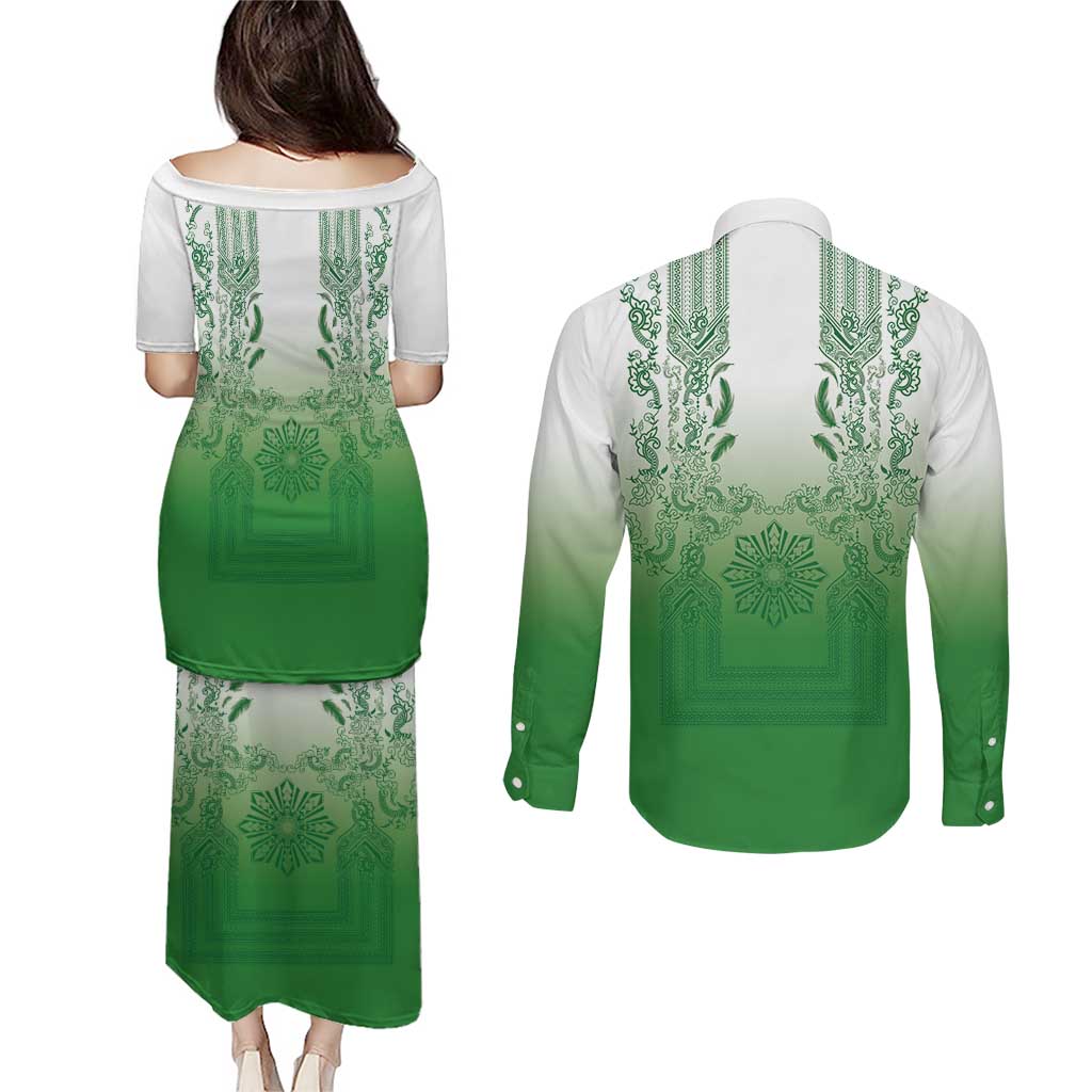 Philippines Barong Style Couples Matching Puletasi and Long Sleeve Button Shirt with Polynesian Art and Leaf Motif Green Color